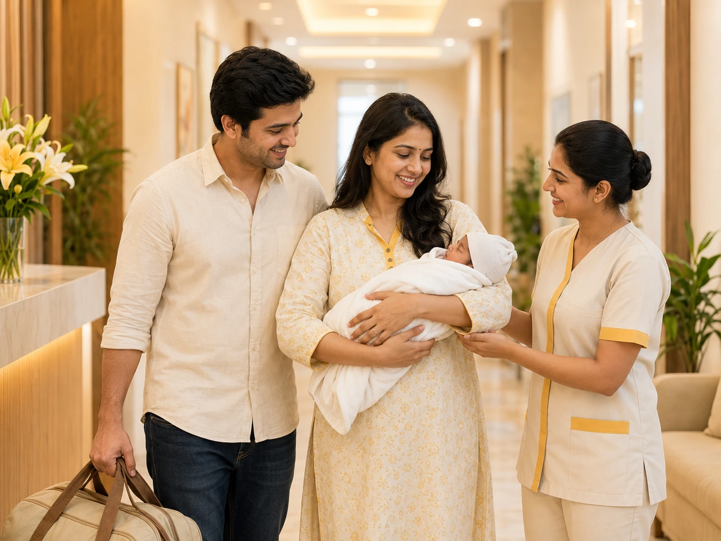 happy mother baby discharge maternity hospital VISWAS Gynec Hospital